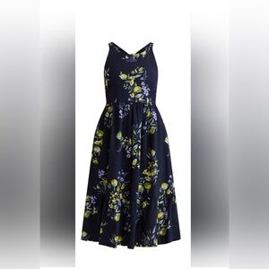 Nwt Womens Dark Blue Floral Dress With Pockets And Corset Style Tye Up On Back